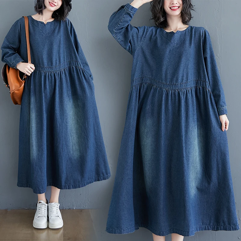 713268-fae3ab.jpg Loose Women's Denim Dr Long Sve Knee-Length plus Size Korean Sle Spring Autumn Casual Faion Single Piece - Image 1