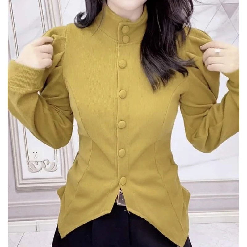 New Women Vintage Y2K Stand Collar Slim Chic Single Breasted Coat Autumn Fashion Asymmetrical Design Elegant Long Sleeve Jackets
