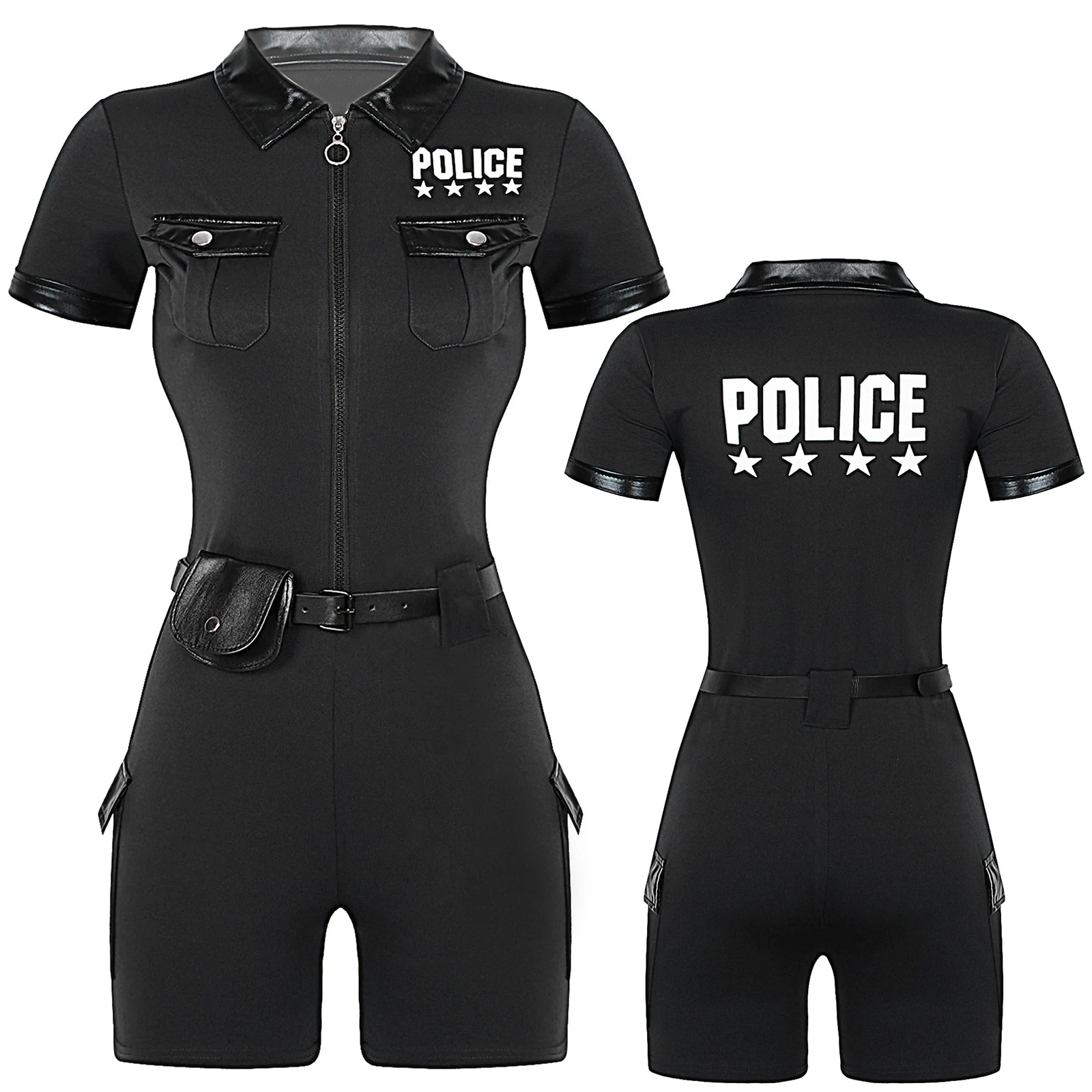 Women Police Cop Costume Policewomen Halloween Cosplay Suit Police Officer Uniform Short Sleeve Jumpsuit with Belt Purse Hat