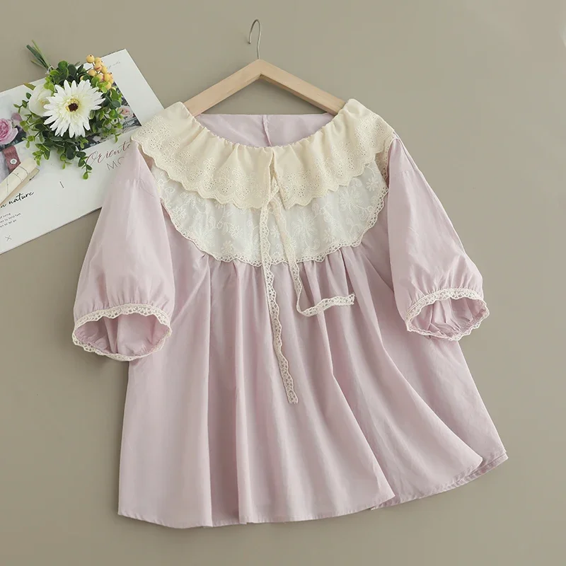 Summer Sweet Mori Girl Lace Embroidered Hollow Out Shirt Women Short Sleeve Ruffle Collar Cute Casual Loose Blouse Tops