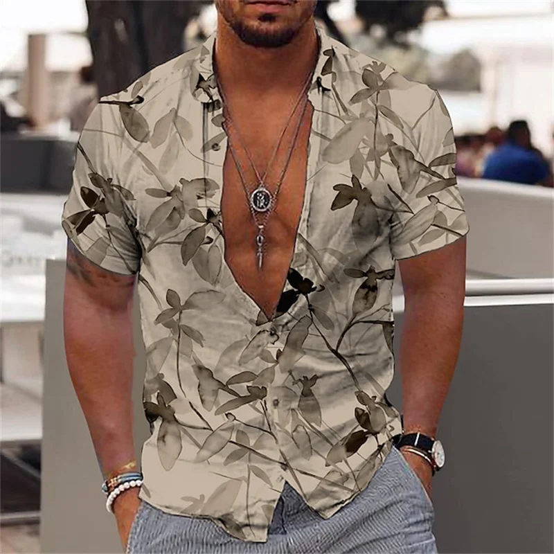 Camisa hawaiana con estampado de plantas coloridas para hombre, blusa holgada de manga corta con estampado 3D de hojas florales y solapa para vacaciones, camisas Aloha