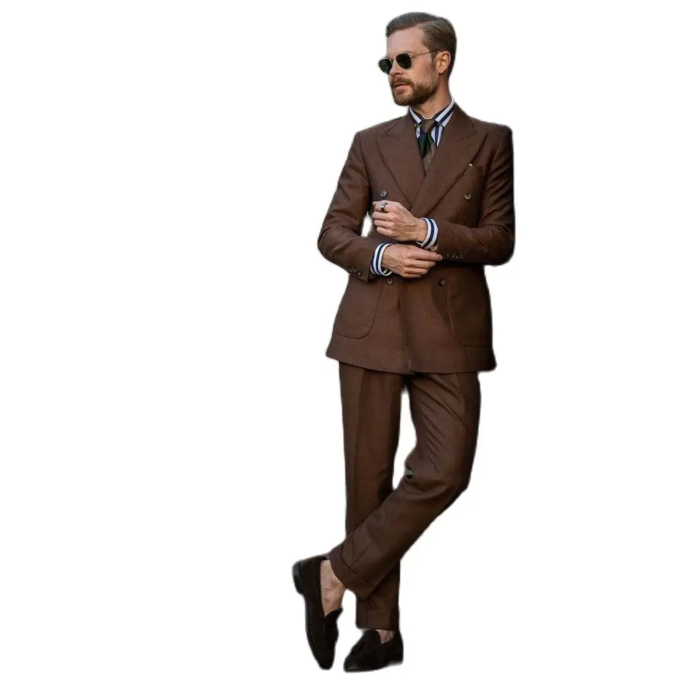 

Modern Double Breast Mens Suit Set 2 Pieces Slim Fit Gentleman Casual Coat Custom Made Wedding Tuxedos Two Pieces Peaked Lapel