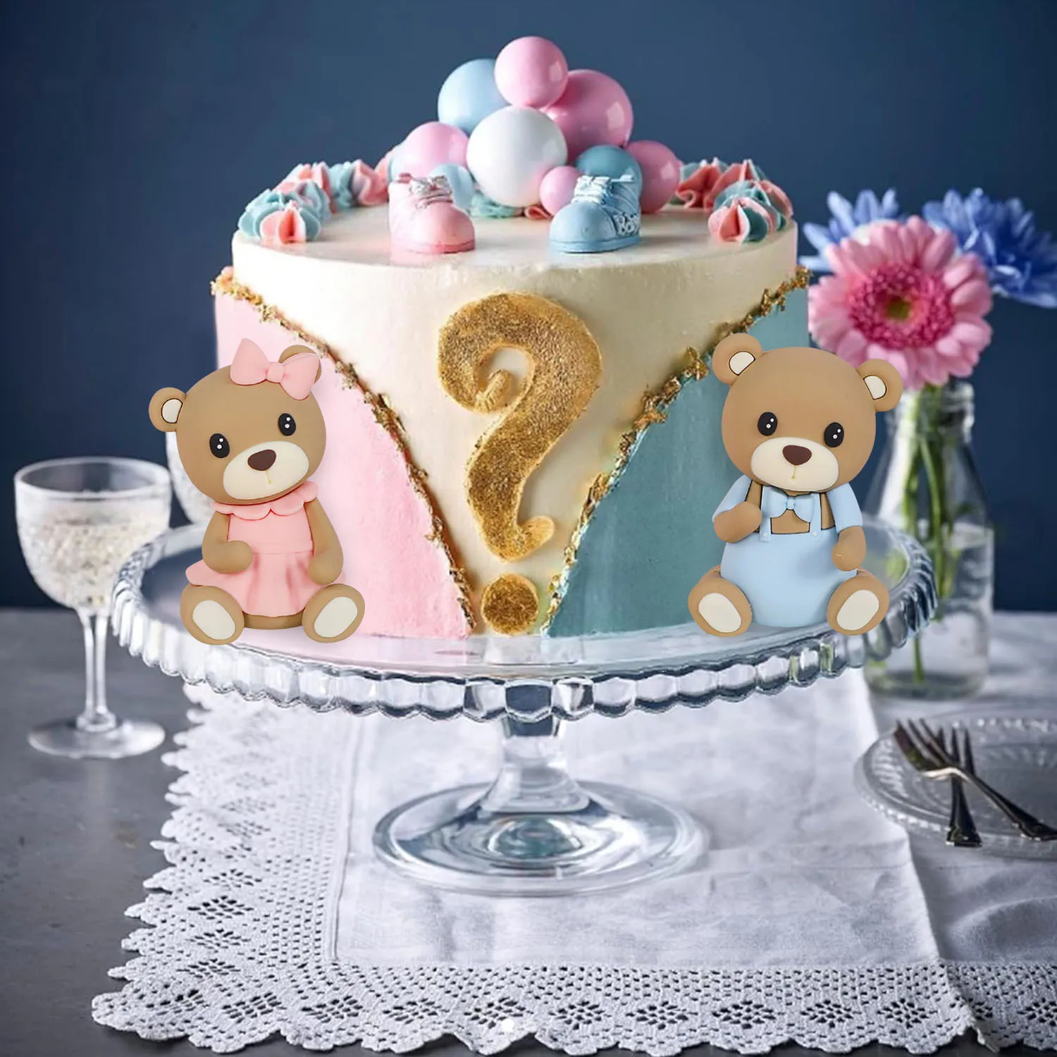38-Piece Bear Cake Topper Set For Baby Shower & Gender Reveal - 'Oh Baby' Sign, Teddy Bears, Stars, Blue & Pink Balls