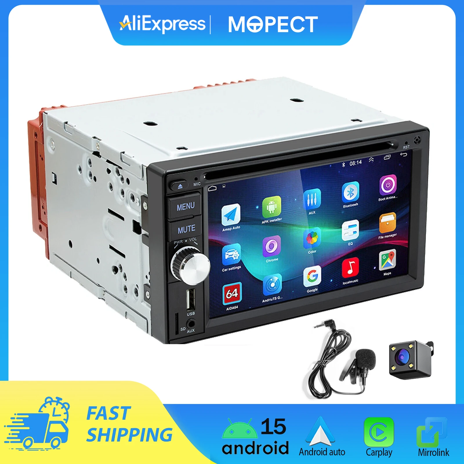 MOPECT Radio Estéreo para Auto Doble DIN de 6.2 Pulgadas con Carplay y Android Auto Inalámbricos, Reproductor de CD/DVD, AUX, FM, Bluetooth, USB, MP5, Mirror Link 1