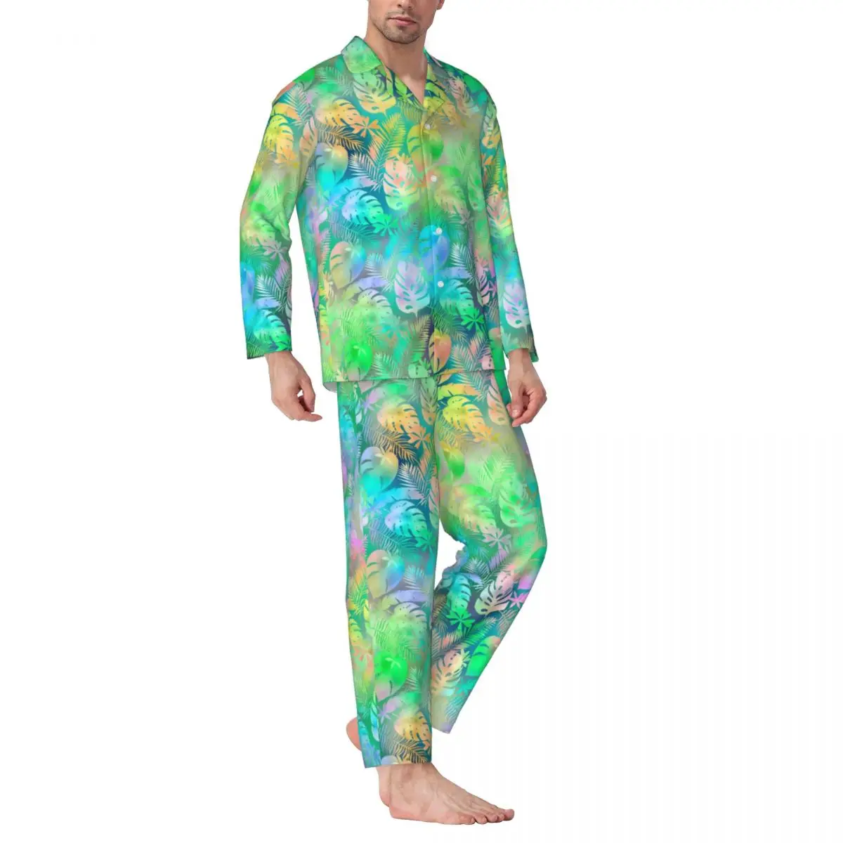 

Пижама Мужская тропическая для сна, пижама с красочными пальмовыми листьями, 2 предмета, повседневные пижамные комплекты с длинным рукавом, милый домашний костюм большого размера