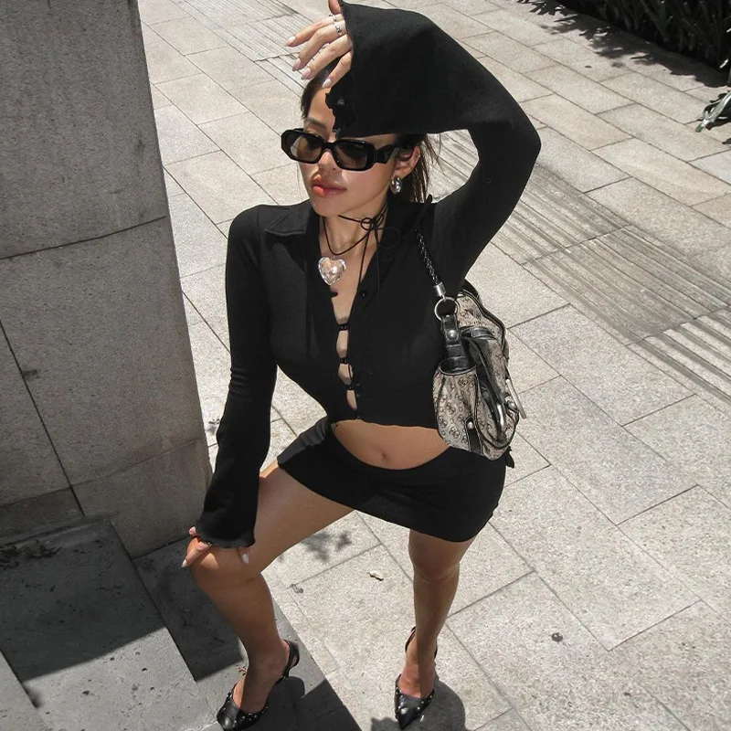 

Woman Summer Fashion Mini Dress Set Women Fashion Tie Long Sleeve Cardigan Tops and Slim Short Skirt Matching Suit