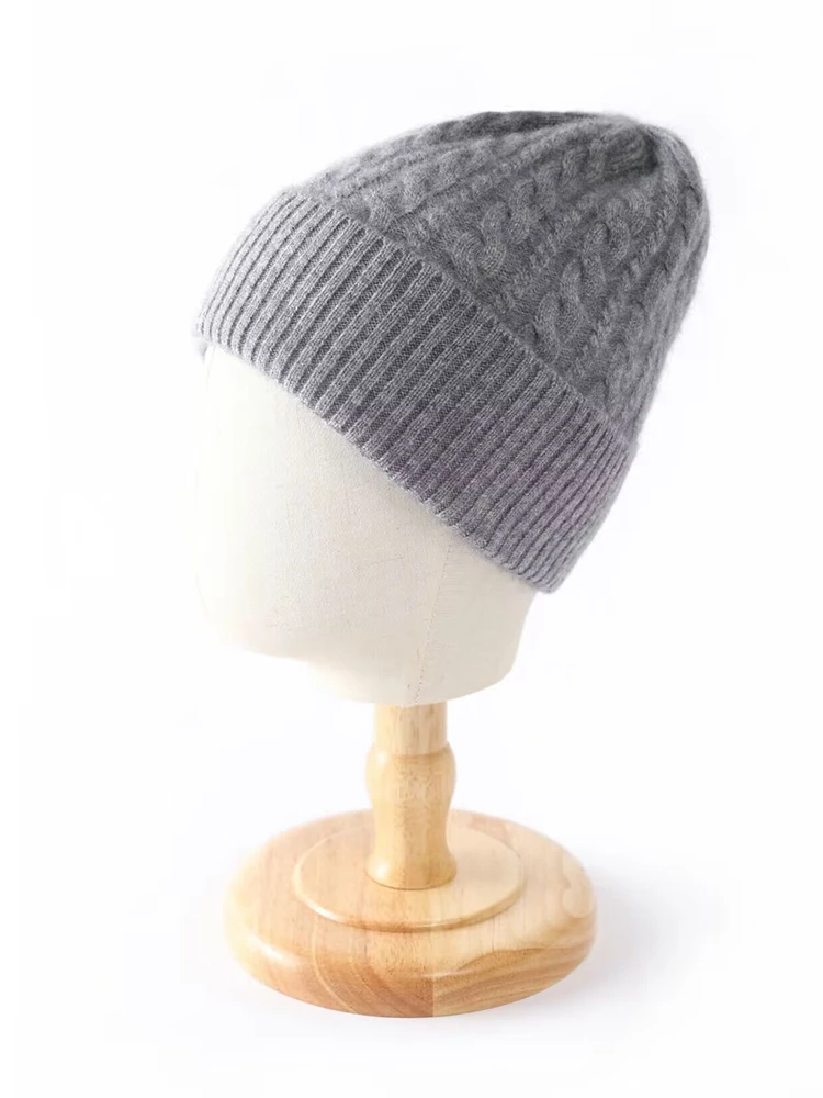 35% Cashmere Blend Thick Vintage Cable Beanies Women Solid Ribbed Hem Soft Knitted Cap Hat Wool Autumn Winter Warm Skull Caps 2