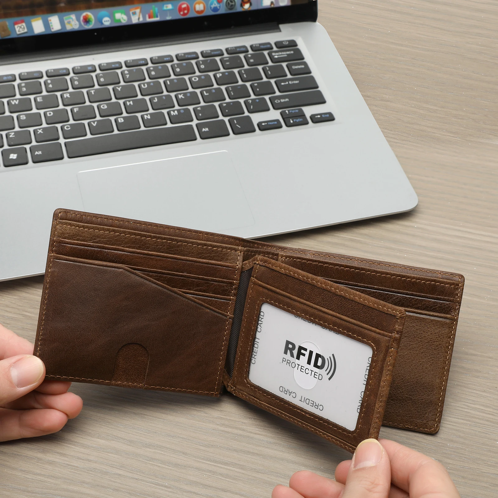 Airtag Men's Wallets RFID Genuine Leather Trifold Wallets For Men With ID Window And Credit Card Holder 5