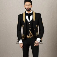 Stylish Gold Embroidered Groom Wedding Tuxedo 3 Pieces Sets Men Suit Customized Prom Blazers Pants Outfit Business Costume Homme 1