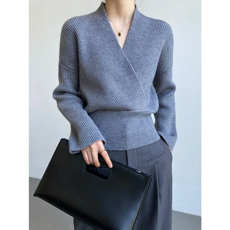Autumn Winter Cross V-neck Wrap Short Knit Sweater Women Short High Waist Long Sleeve Solid Color Tops
