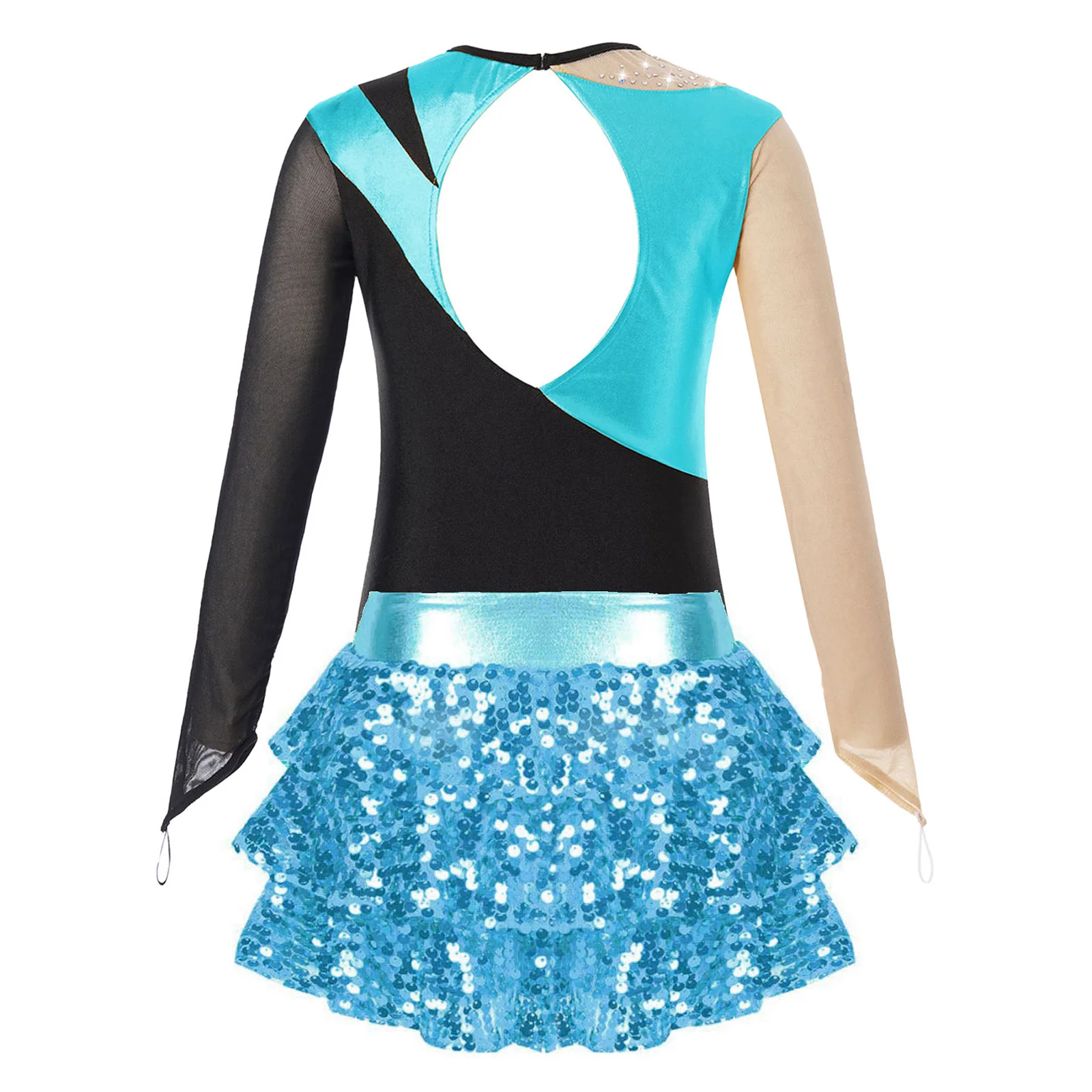 Kids Girls Long Sleeve Gymnastics Leotard with Shiny Sequins Skirted Shorts Teens Figure Skating Jumpsuit Ballet Dance Outfits