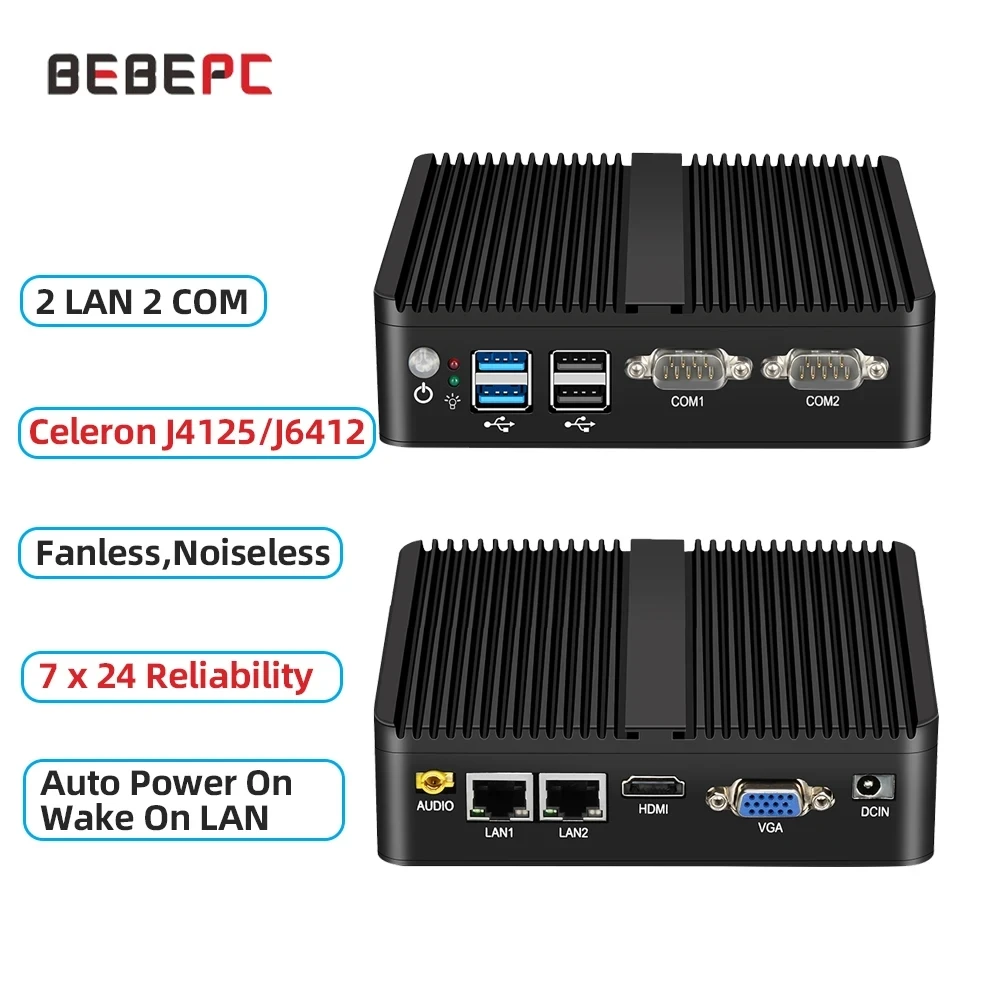BEBEPC-Computador Industrial Fanless para Casa, Computador Desktop, Dual LAN, RS232, Win10, 11 Pro, Linux, Ubuntu, WiFi, Mini, J6412, J4125, i5, 4200U, 5200U