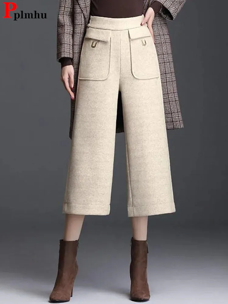 

Thicken Woolen Wide Leg Pants Warm Women‘s Casual Plus Velvet Pantalones Winter High Waist Culotte 78cm Baggy Fashion Sweatpants