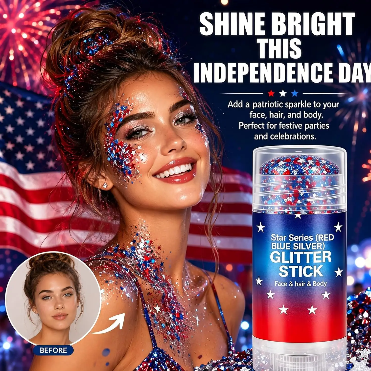 Patriotic-themed Body Glitter Sticks, Red, White, And Blue Hair Glitter Sticks, Women's Face Glitter Makeup, Party Accessories_voghion.com