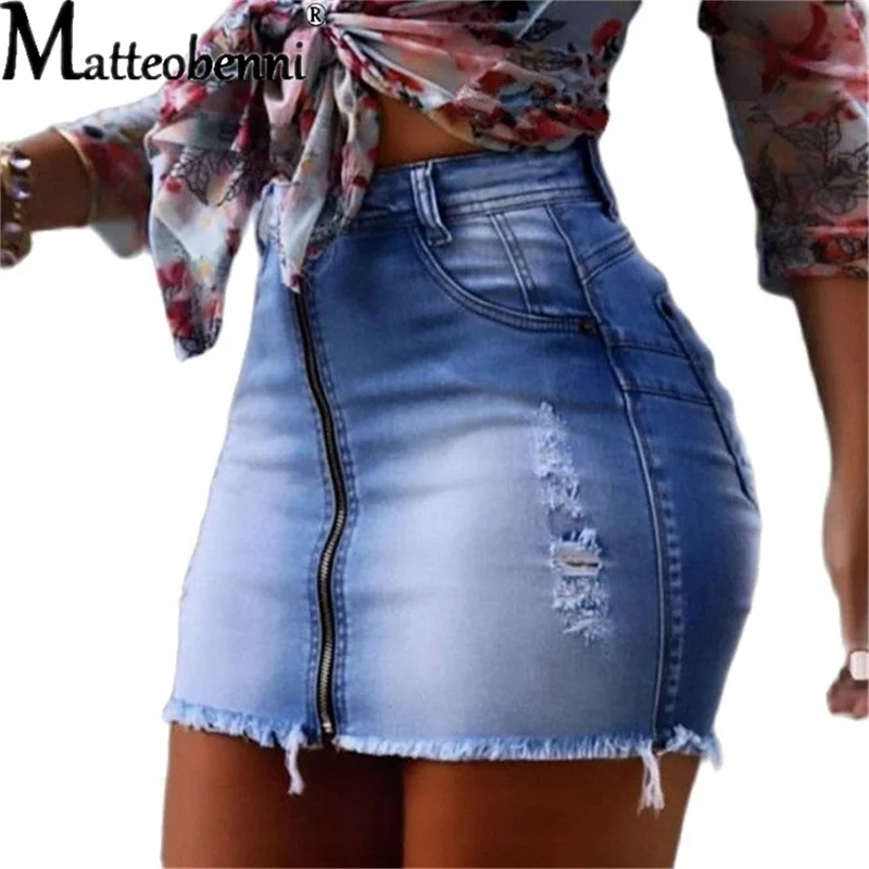 2021 Sexy Denim Skirt Women Fashion High Waist Zipper Mini Hip Jean Skirts Summer Ripped Washed Short Skirt Ladies Shorts Skirts ladiguard women sexy ripped denim jacket patchwork sequins demin jackets loose vaqueros mujer 2021 single breasted top outerwear