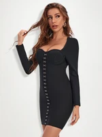 Long Sleeve Black Square Collar Bandage Dress Mini HLBANDAGE Long Sleeve Black Square Collar Bandage Dress