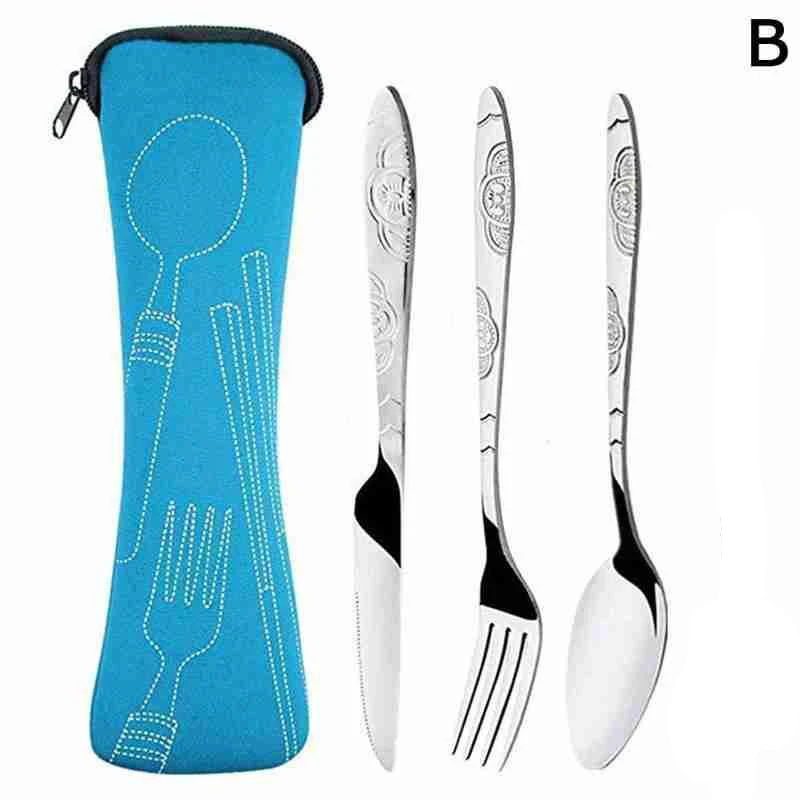 Steel Knifes Fork Spoon Set Family Travel Camping Cutlery Eyeful Four-piece Dinnerware Set with Case 3Pcs cutlery set