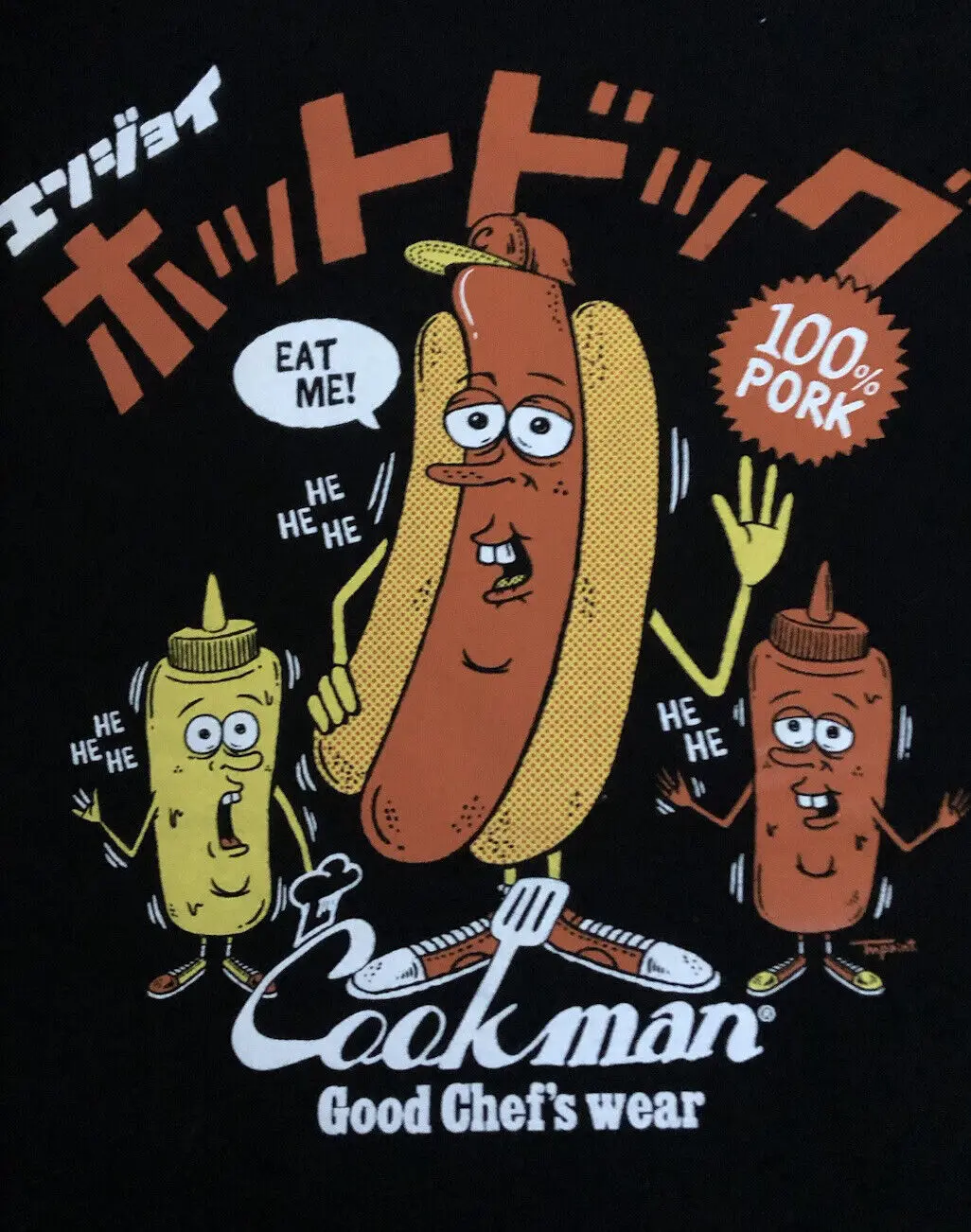 Vtg Cookman Good Chef S Wear 100 Maiale Eat Me Hot Dogs Japan Work Mens T Shirt M Maniche Lunghe O Corte