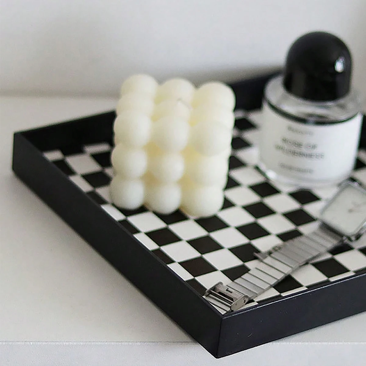 1pc-Desktop Storage Tray, Medieval Black and White Checkerboard Entrance Jewelry, Square Ornament