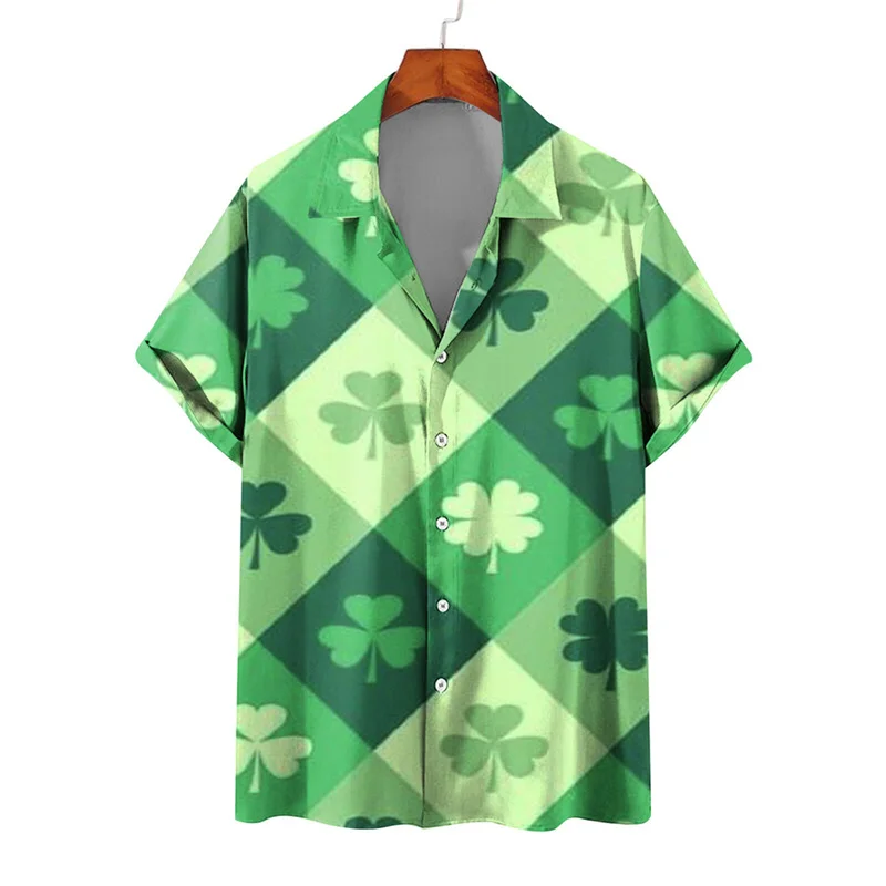 thumbnail image 1 of Camisas de playa hawaianas nuevas de verano para hombres y mujeres, camisa para parejas, camisa de manga corta con solapa y estampado 3D de trébol de cuatro hojas, camisas florales, tops, 1 of 5