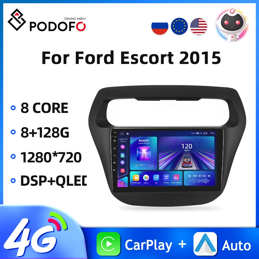 

Автомобильная магнитола Podofo, мультимедийный плеер на Android 10, с 9 "экраном, GPS, 4G, Wi-Fi, для Ford Escort, типоразмер 2DIN, 2015
