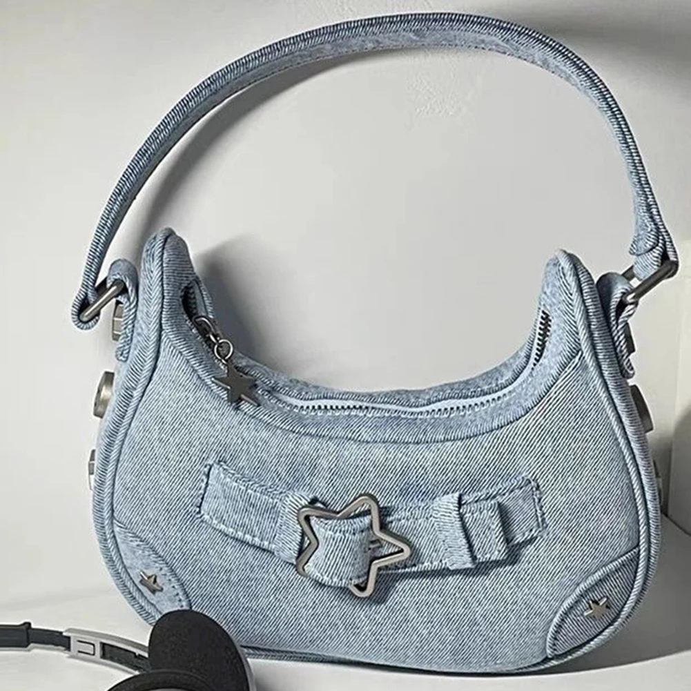 Korean Denim Shoulder Bag Y2K Style Star Decor Female Underarm Bag