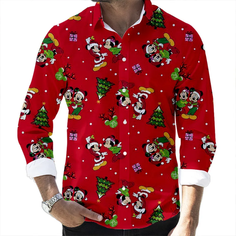 New Christmas Fall Popular Disney Brand Stitch and Mickey Anime 3D Printed Long Sleeve Lapel Shirt Slim Fit Men's Top y2k