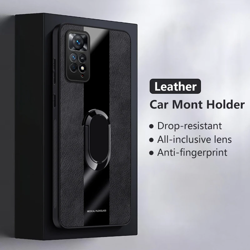 

Luxury Leather Case for Xiaomi Redmi Note 11E Pro Plexiglass Car Magnetic Ring Holder Shockproof Phone Cover for RedmiNote11EPro