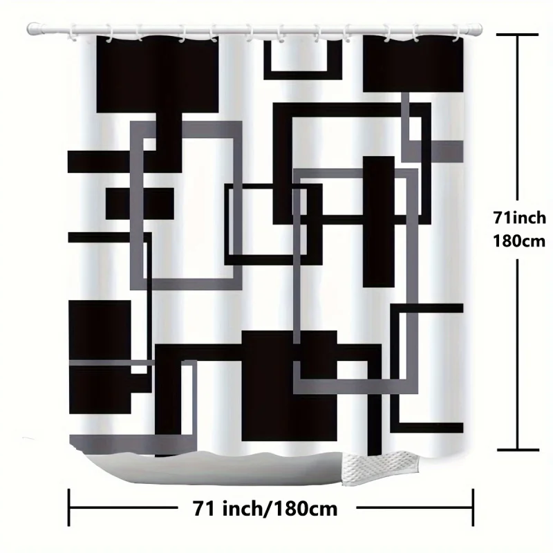Geometric Black & Gray Print Shower Curtain - Waterproof, Includes Hooks, 180.34cm x 180.34cm - Modern Bathroom Decor 5