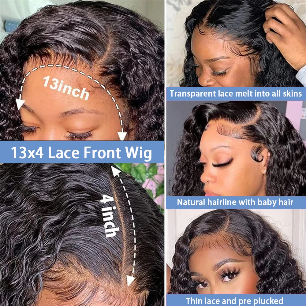 Deep Wave Transparent 13x4 Lace Frontal Wig 30 32 Inch Lace Front Brazilian 100% Human Hair Wig Deep Curly 180 Density For Women