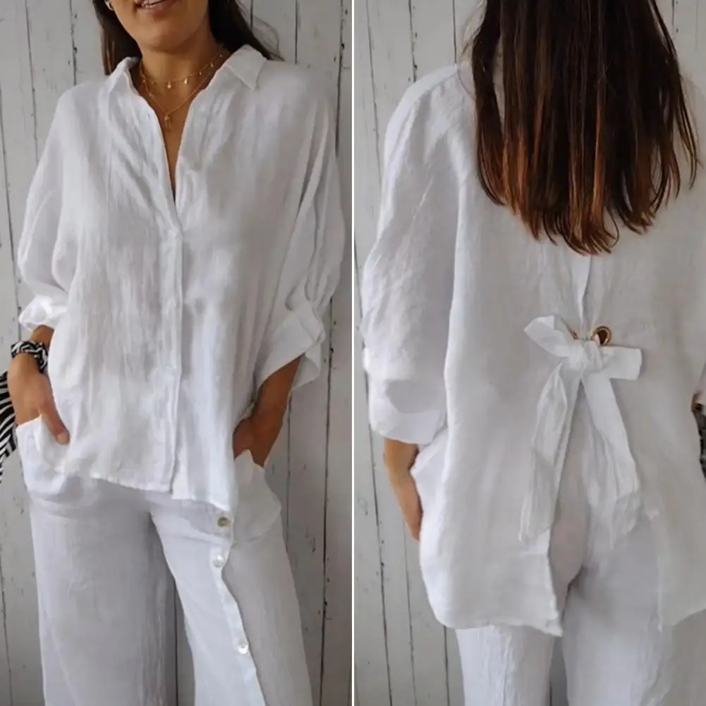 

Solid Color Shirt Elegant Lapel Shirt with Bow Tie Detail Stylish Single Breasted Blouse for Women Chic Solid Color Streetwear