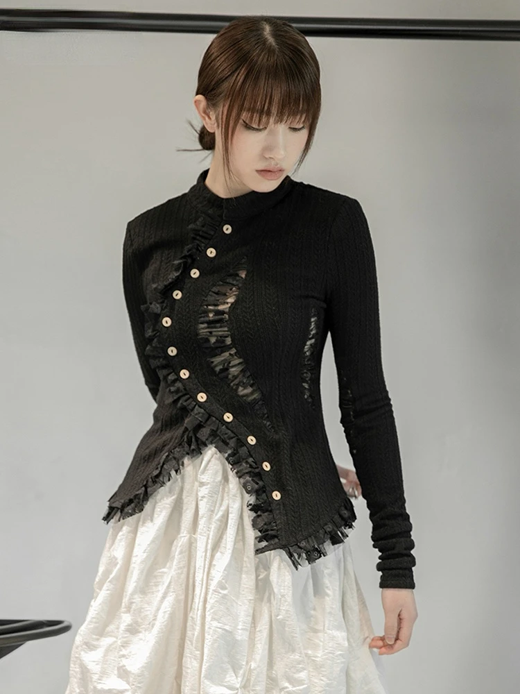 

Black Lace Irregular Knitting Cardigan Sweater Stand Collar Long Sleeve Women New Fashion Tide Spring Autumn 2023 1DF5704