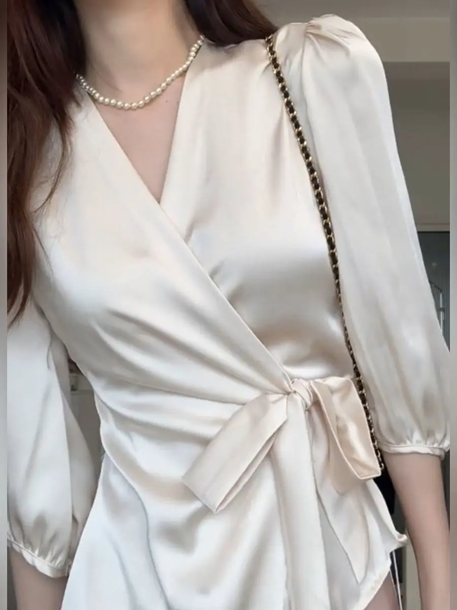 Western Style Age Reducing Lace Up V-neck Long Sleeved Elegant Top for Women's Slimming Waist Versatile Half Skirt Two-piece Set