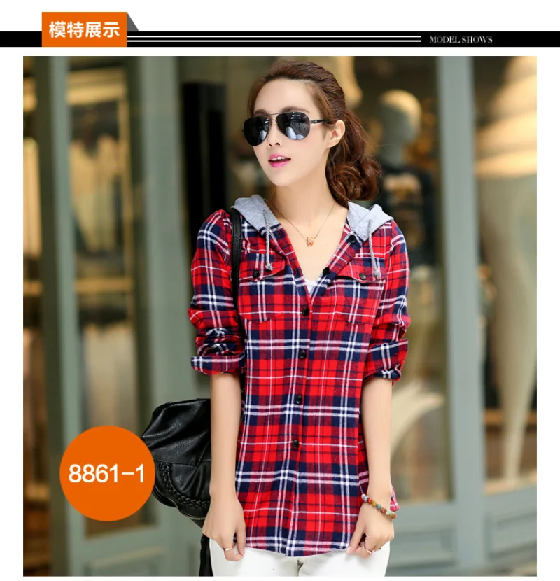 New Women Fashion Plaid Hooded Shirt Loose Flannel Shirt Long Sleeve Woman Blouse Shirt Cotton Blusas British Style Womens Tops