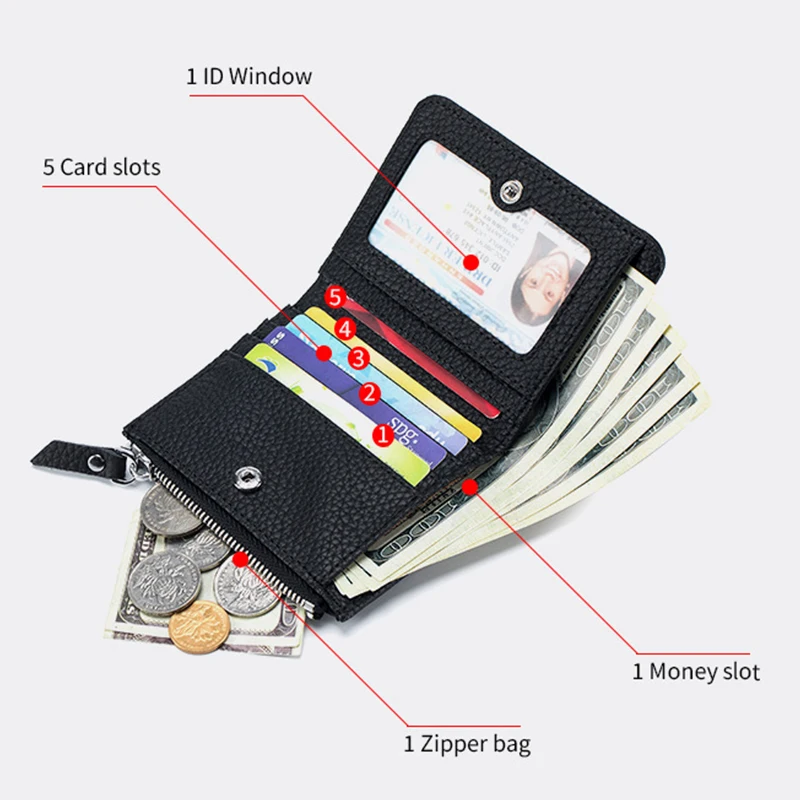 Womens Short Genuine Leather Wallet Small Compact RFID Blocking Credit Card Case Purse with Zipper Pocket Fashionable Ultra-thin