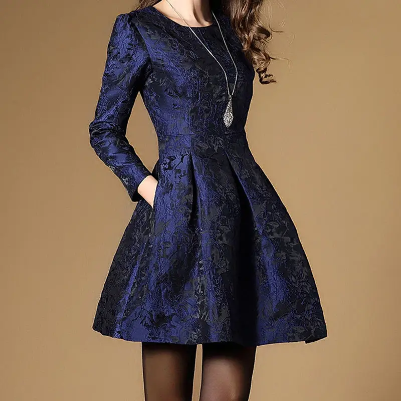 2022 New Autumn Long Sleeve Jacquard Dress Work Casual Party Slim O-neck Printing Dresses Women A-line Vintage Vestidos Spring 2