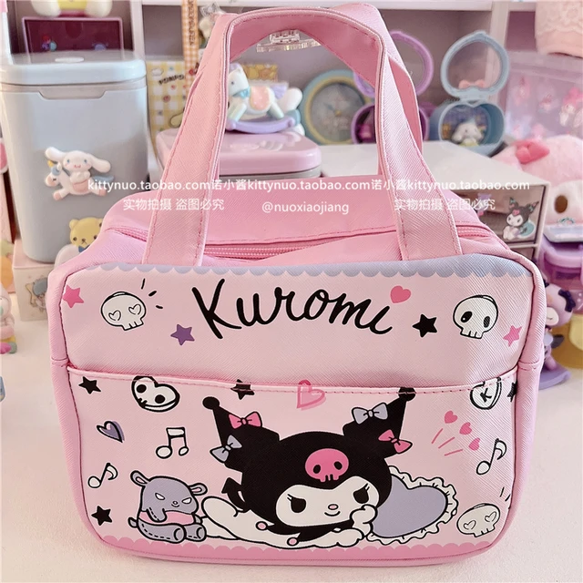 PINK Sanrioed My Melody Cinnamoroll Kuromi Purin Dog Cartoon Large Plaid  Lunch Box Bag Kawaii Multi-pocket Organizer Tote Bag