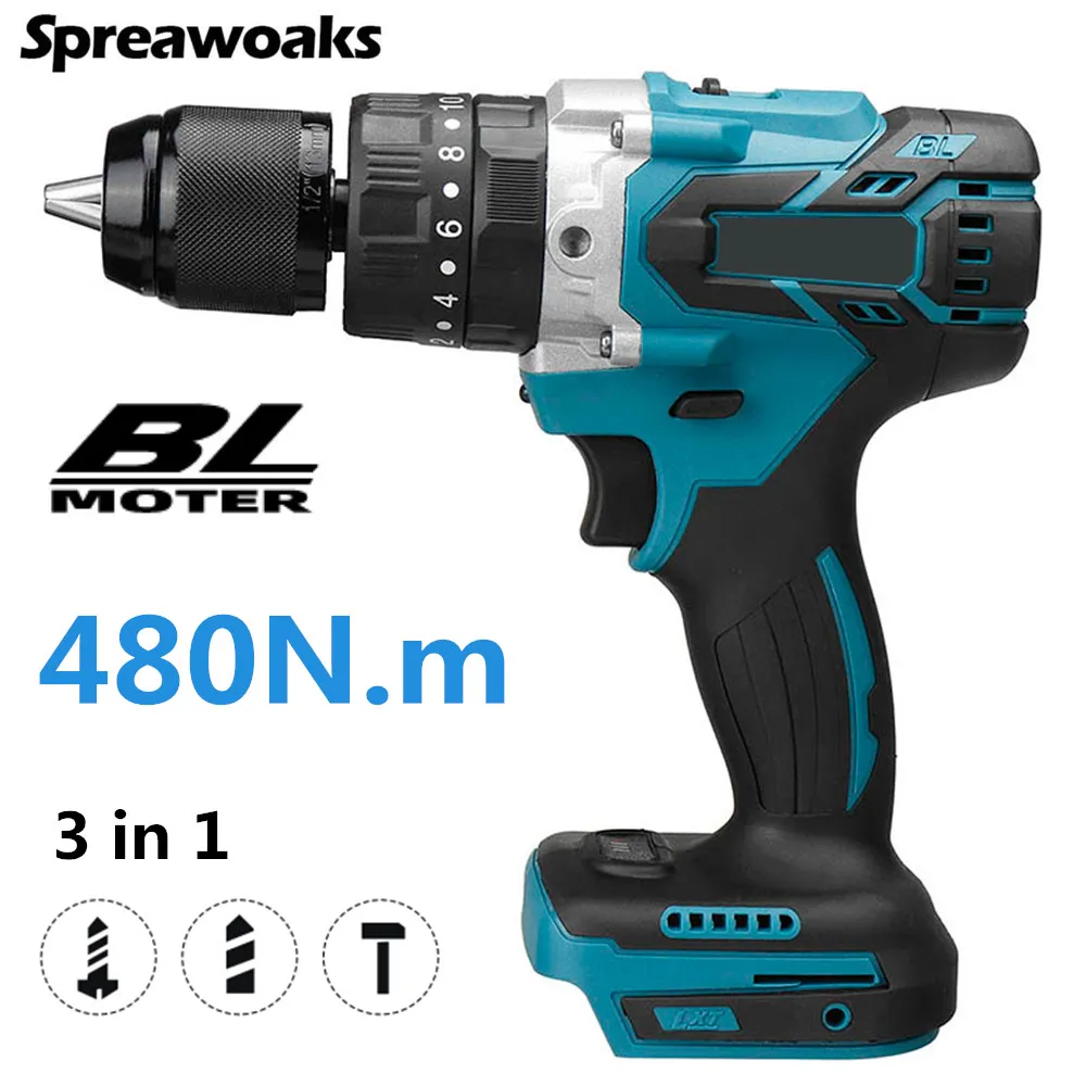 480N.m Brushless Impact Hammer Drill Cordless Electric Screwdriver Ice Drills Power Tools Suitable For Makita 18V Battery electric tools drills maocsse dhp487 18v dremel tools electric screwdriver wrench suitable for makita 18v battery cordless drill