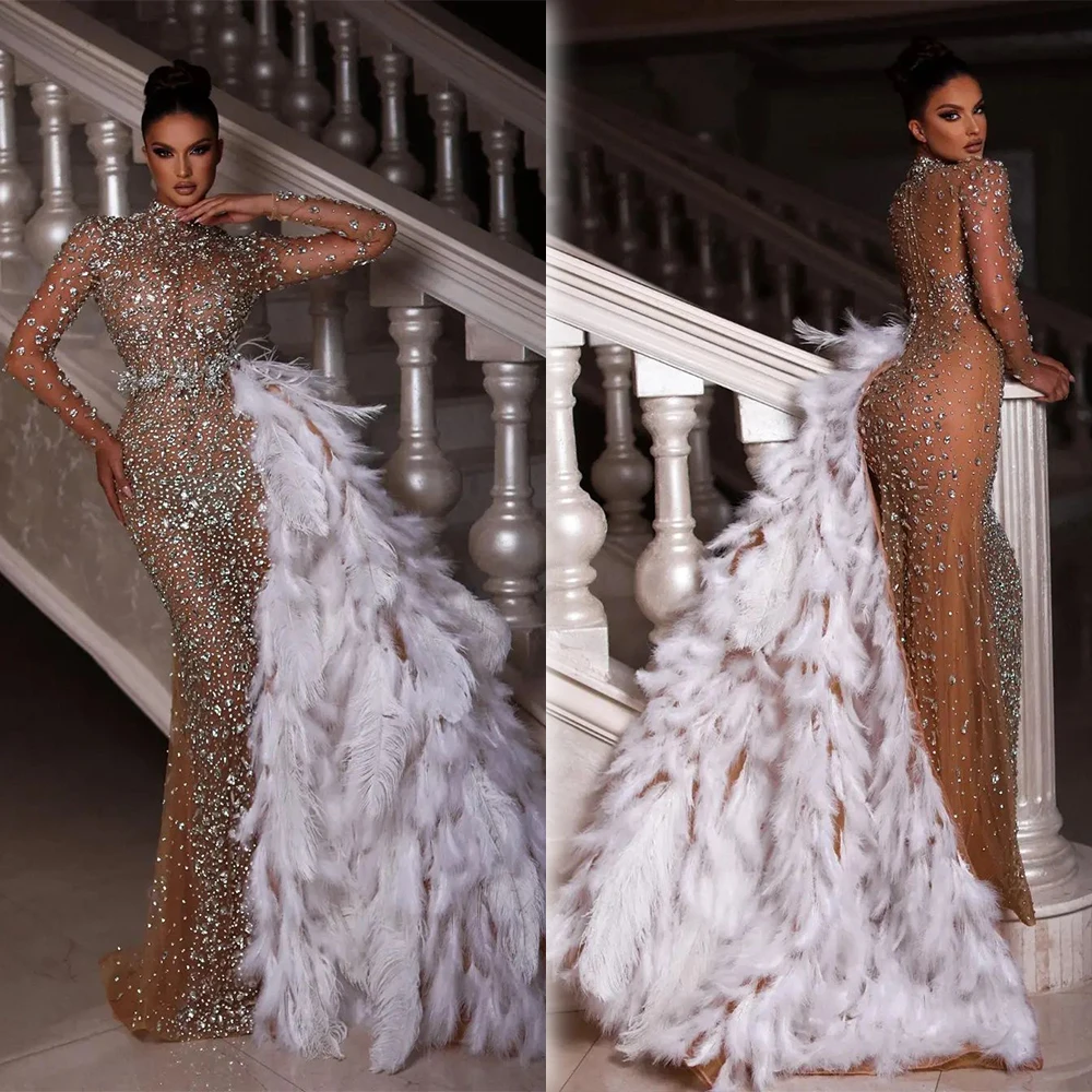 

Gorgeous Evening Dresses Mermaid High Neck Feather Beads Prom Dress Sexy Illusion Crystal robe de soiree