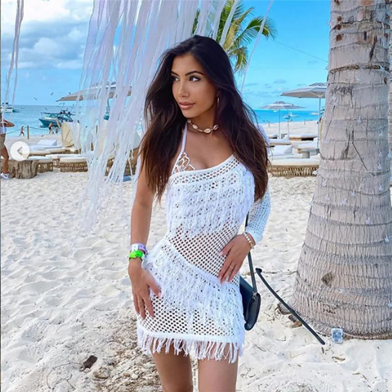 Sexy hollow perspective tassel pareo crochet top,Beach cover up,Summer one shoulder diagonal collar single sleeve mini dress bathing suit wrap cover up Cover-Ups