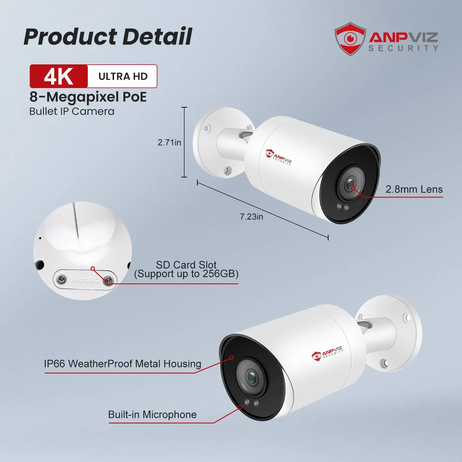 Anpviz 8MP POE IP Bullet Camera Outdoor 24/7 ColorVU 30m CCTV Video Surveillance IP67 SD Card H.265 Audio Motion Detection 2.0 6