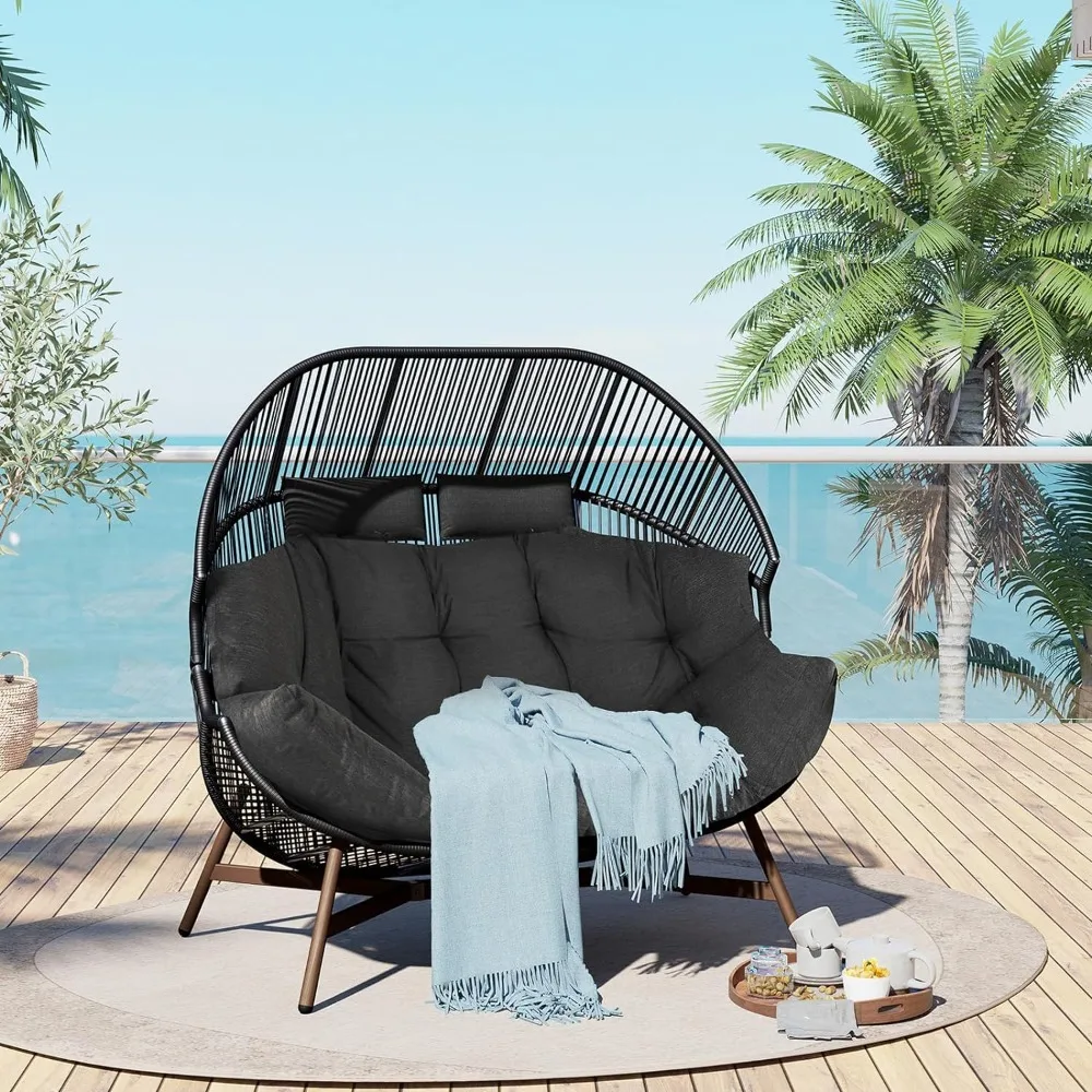 

Indoor Outdoor Modern 2-Seat Wicker Egg Chair with Cushion, Stationary Patio Loveseat Accent Chair, Grey