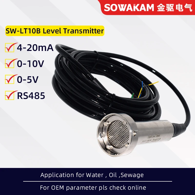 

SW-LT10B противоблокирующий передатчик уровня 5 м Диапазон 4-20 мА 10 в 5 В RS485 выход 24 В постоянного тока датчик уровня жидкости с кабелем 5 м 0.5% F.S.