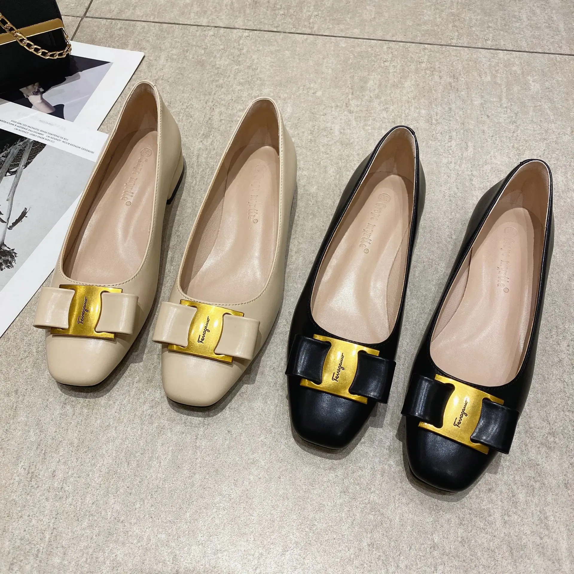 

Metal Buckle Bow-knot Flats Summer Round Head Cover Heel Women Shoes Soft Sole Slip On Zapatos Mujer