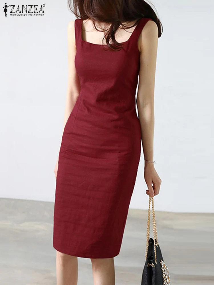 

2023 ZANZEA Summer Casual Sleeveless Tank Dress Fashion Square Neck Rear Hem Slit Zipper Vestido Woman Elegant Party Sundress