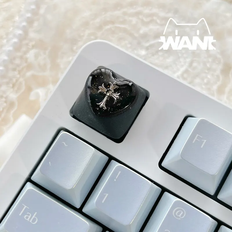 WANI Artisan Keycap 반투명 하트 모양의 실버 크로스 글리터 에폭시 수지(자기 축 기계식 키보드용)