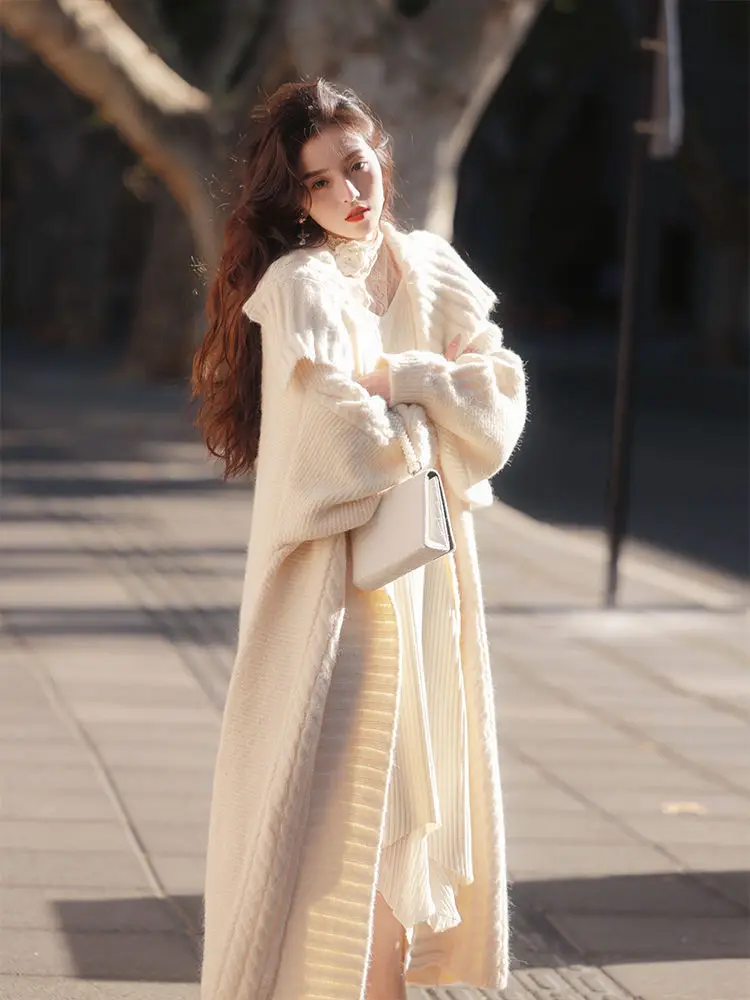 French Retro Lapel Long Sweater Knitted Cardigan Loose Versatile Lazy Wind Knitted Coat Fall and Winter New Long Cardigan Women