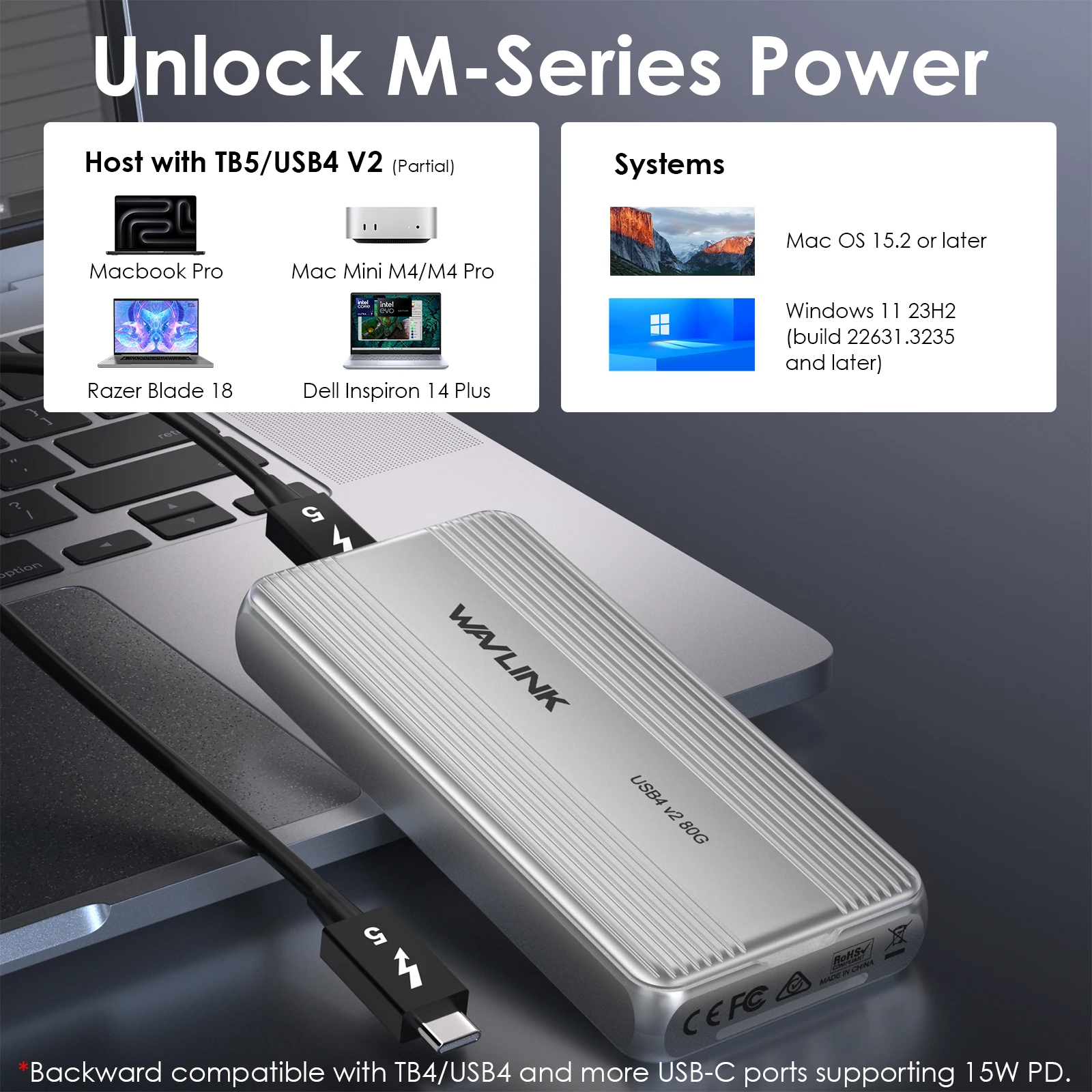 WAVLINK 80Gbps USB4 V2 PCle Gen4 NVMe SSD 인클로저 JHL9480 전원 공급 6000+MB/s 읽기 및 5000+MB/s 쓰기 TB4/5 M4/M3M2 호환