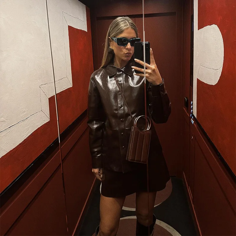 Street Leather Mini Skirt Sets For Women Long Sleeve Bike Jacket Hip Package A-line Skirt Suits 2025 Spring Motorcycle Outfits