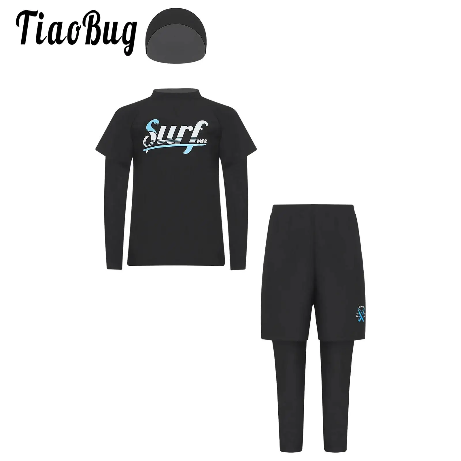 

3Pcs Kids Boys Beach Rash Guard Set Surfing Suit Teen Swimsuit Long Sleeve Swim Top with Double Layers Swim Pants and Hat Suit